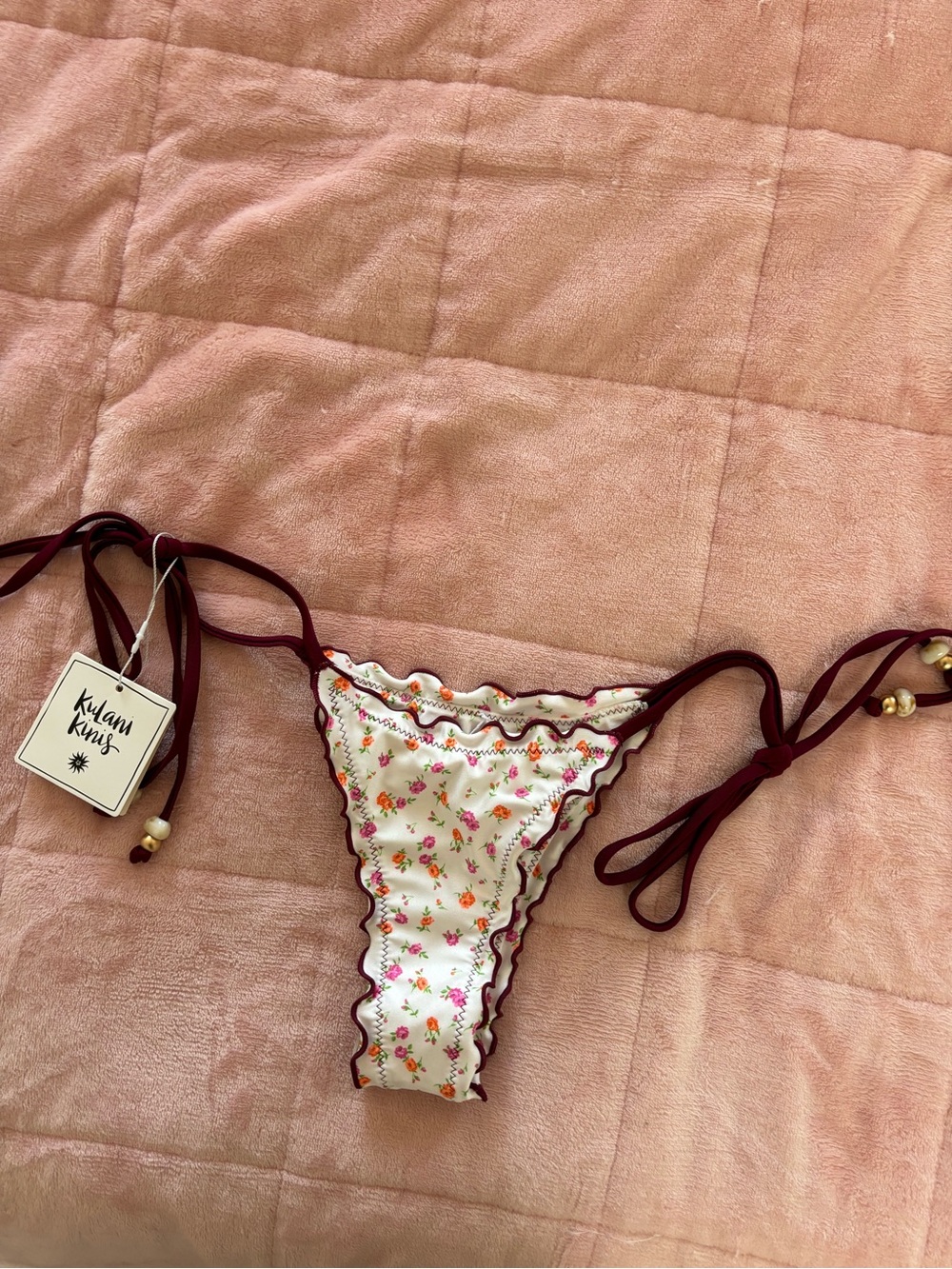 Kulani Kinis Cream Floral Tie-Side Bikini Bottom with Burgundy Trim